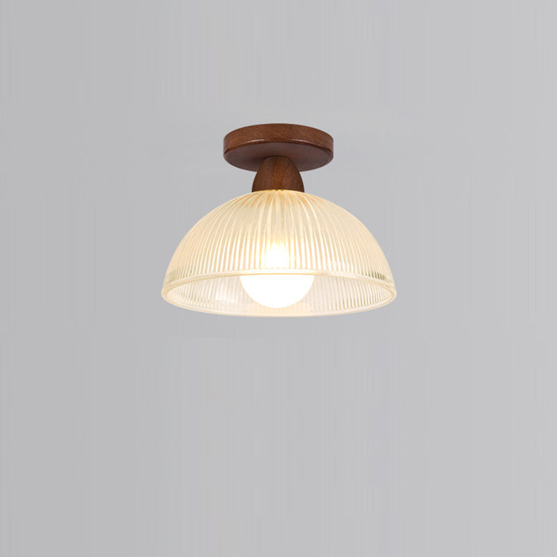 Contemporary Retro Round Dome Bowl Semi-Flush Mount Ceiling Light - Wood & Glass - 1-Light Fixture for Living Room