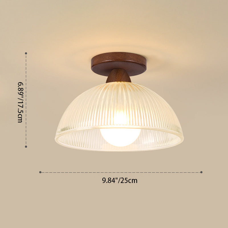 Contemporary Retro Round Dome Bowl Semi-Flush Mount Ceiling Light - Wood & Glass - 1-Light Fixture for Living Room