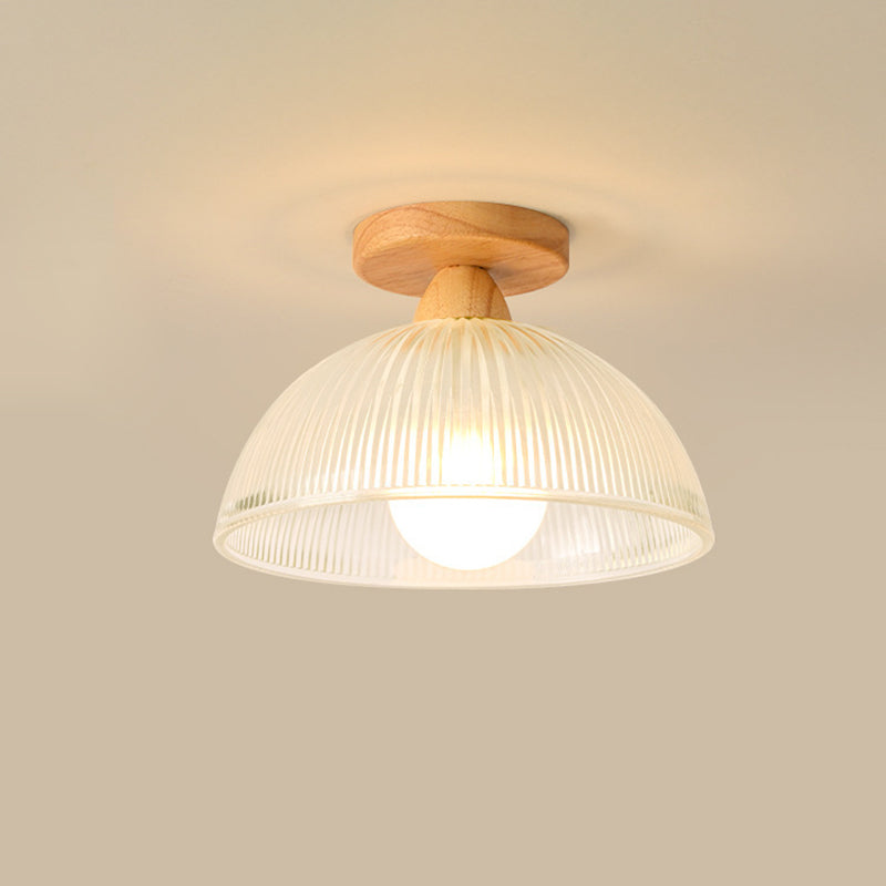 Contemporary Retro Round Dome Bowl Semi-Flush Mount Ceiling Light - Wood & Glass - 1-Light Fixture for Living Room