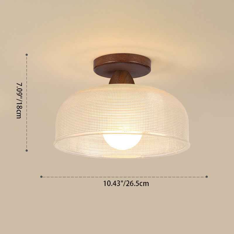 Contemporary Retro Round Dome Bowl Semi-Flush Mount Ceiling Light - Wood & Glass - 1-Light Fixture for Living Room