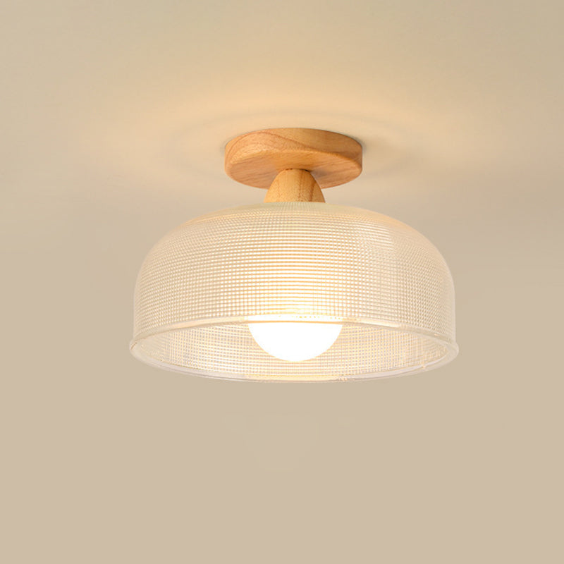 Contemporary Retro Round Dome Bowl Semi-Flush Mount Ceiling Light - Wood & Glass - 1-Light Fixture for Living Room
