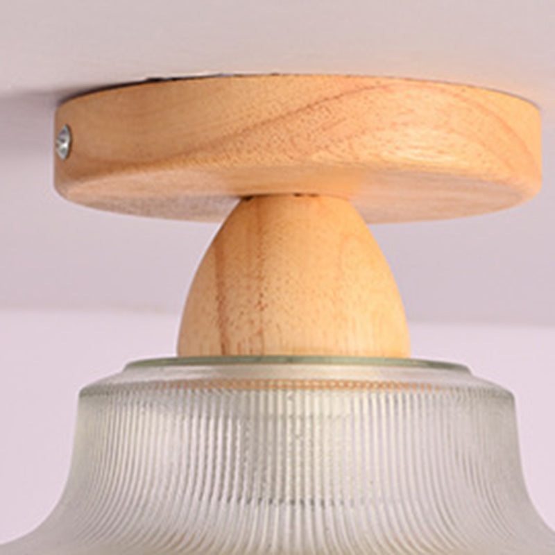 Contemporary Retro Round Dome Bowl Semi-Flush Mount Ceiling Light - Wood & Glass - 1-Light Fixture for Living Room