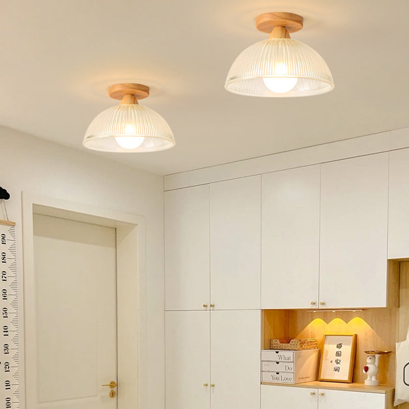 Contemporary Retro Round Dome Bowl Semi-Flush Mount Ceiling Light - Wood & Glass - 1-Light Fixture for Living Room