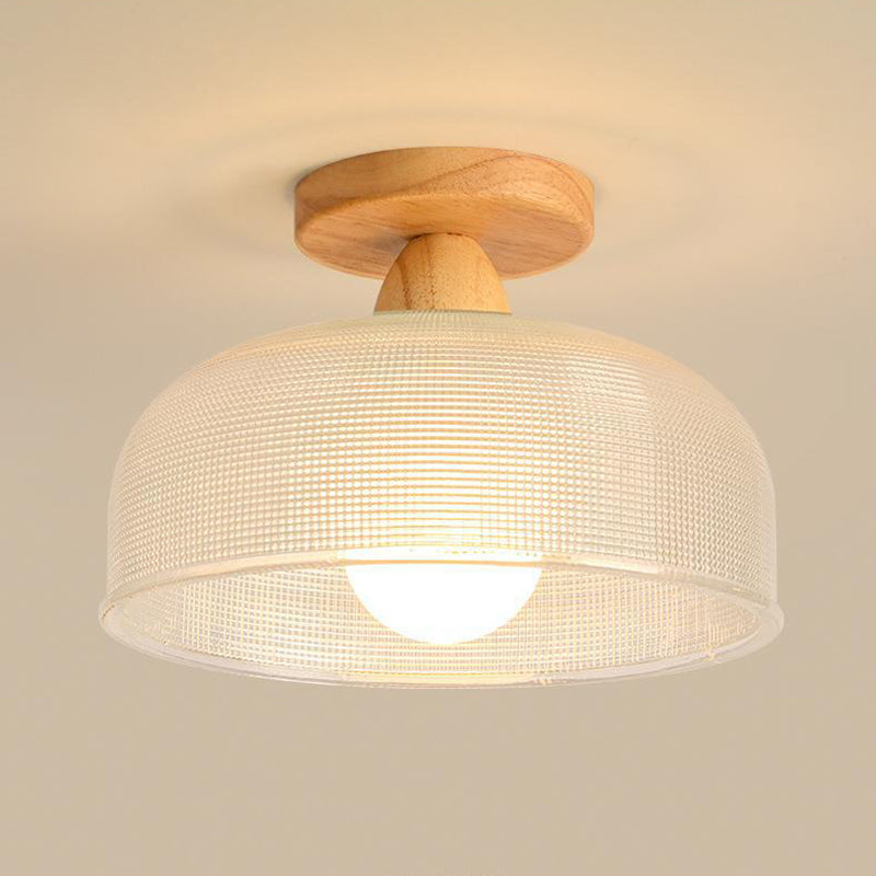 Contemporary Retro Round Dome Bowl Semi-Flush Mount Ceiling Light - Wood & Glass - 1-Light Fixture for Living Room
