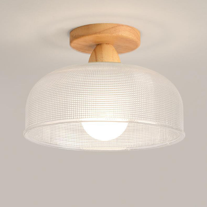 Contemporary Retro Round Dome Bowl Semi-Flush Mount Ceiling Light - Wood & Glass - 1-Light Fixture for Living Room