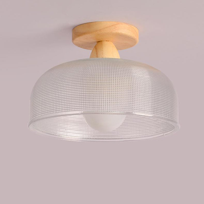 Contemporary Retro Round Dome Bowl Semi-Flush Mount Ceiling Light - Wood & Glass - 1-Light Fixture for Living Room
