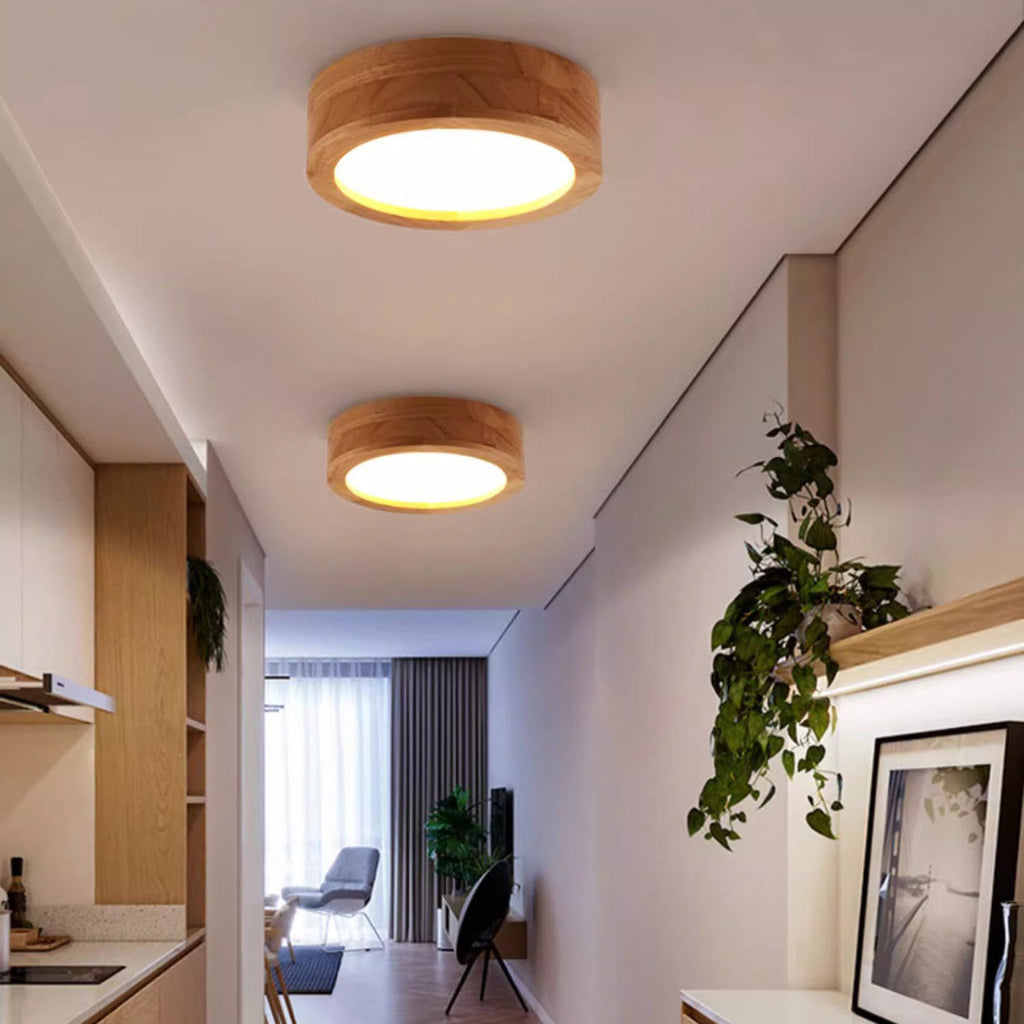 Modern Minimalist Round Wood Acrylic LED Ceiling Light Hallway Fixture
