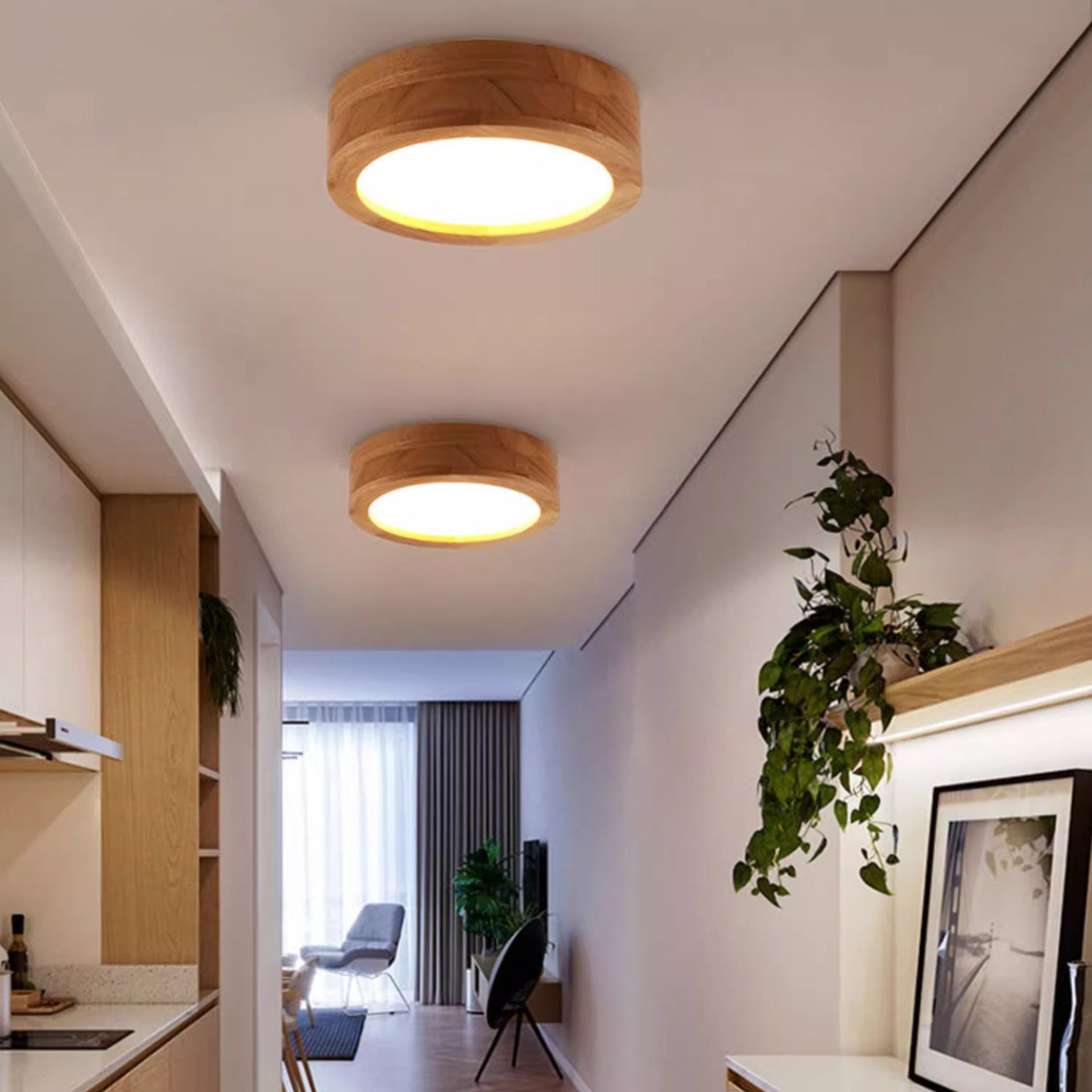 Modern Minimalist Round Wood Acrylic LED Ceiling Light Hallway Fixture