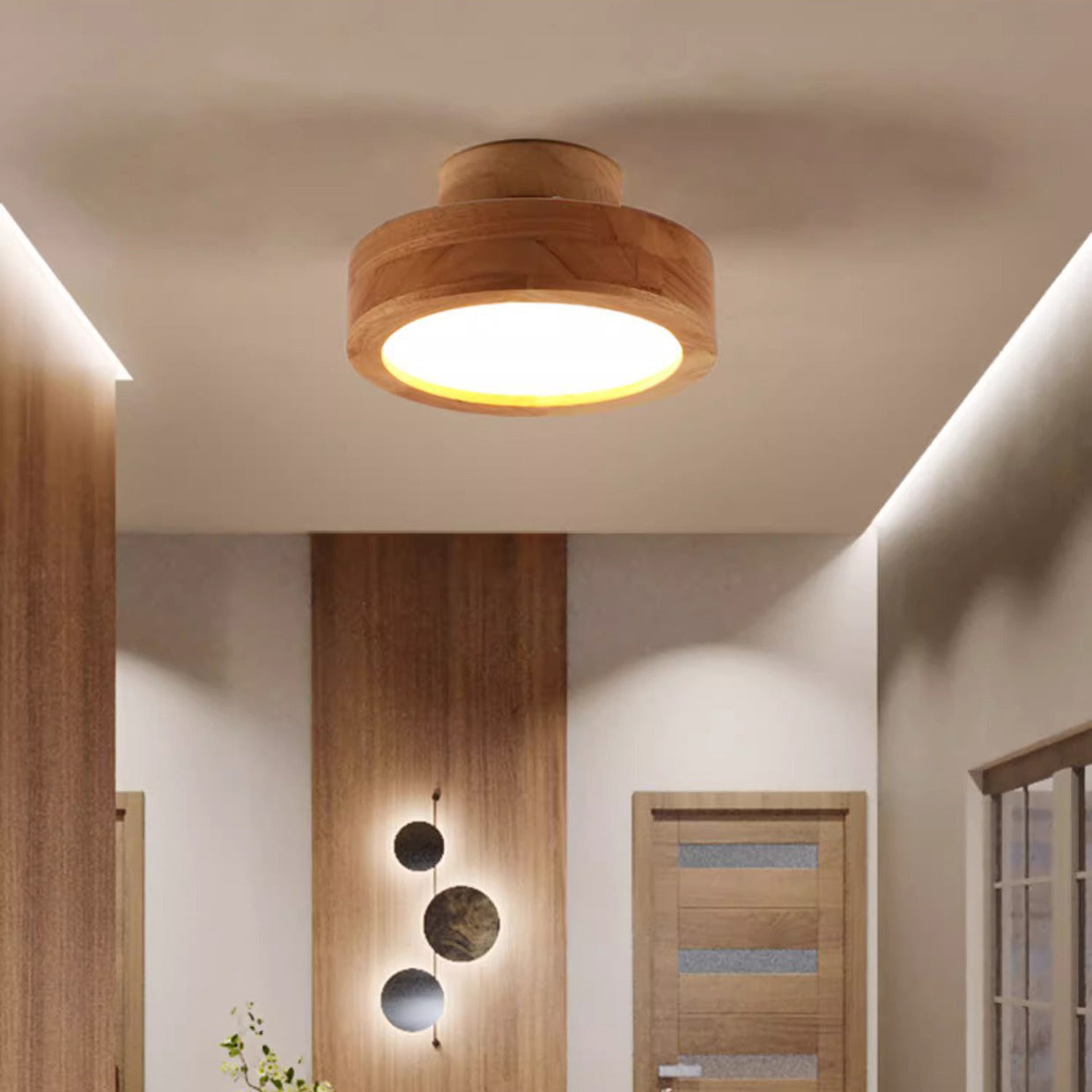 Modern Minimalist Round Wood Acrylic LED Ceiling Light Hallway Fixture