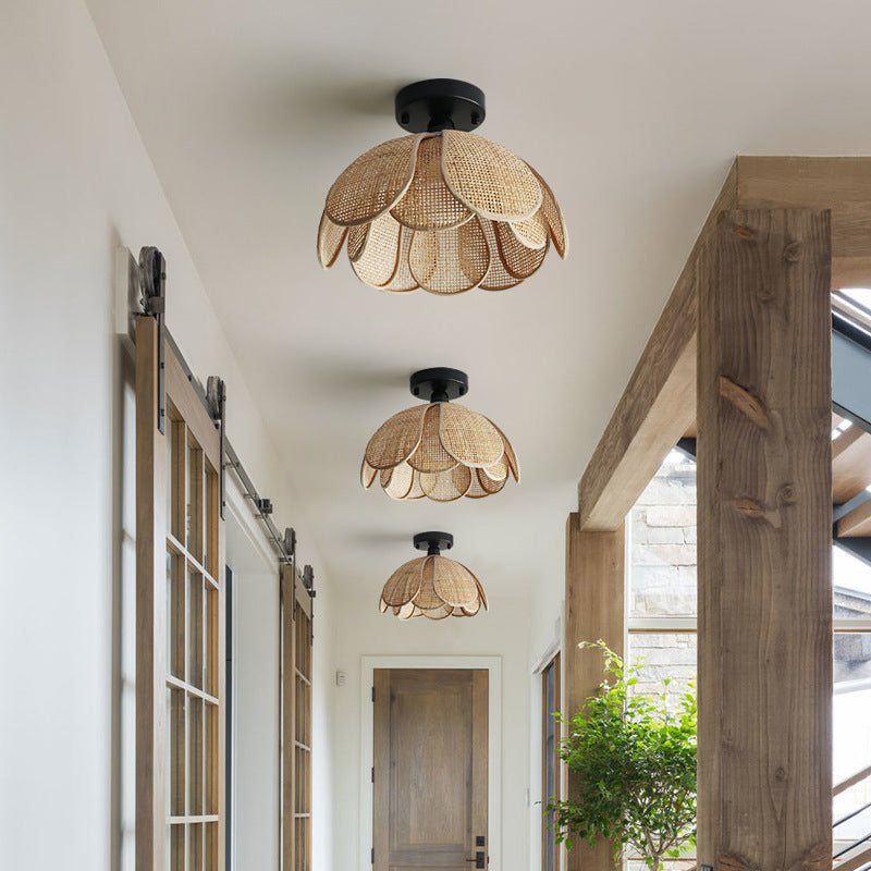 Traditional Japanese Round Petal Woven Shade Semi-Flush Mount Ceiling Light for Living Room