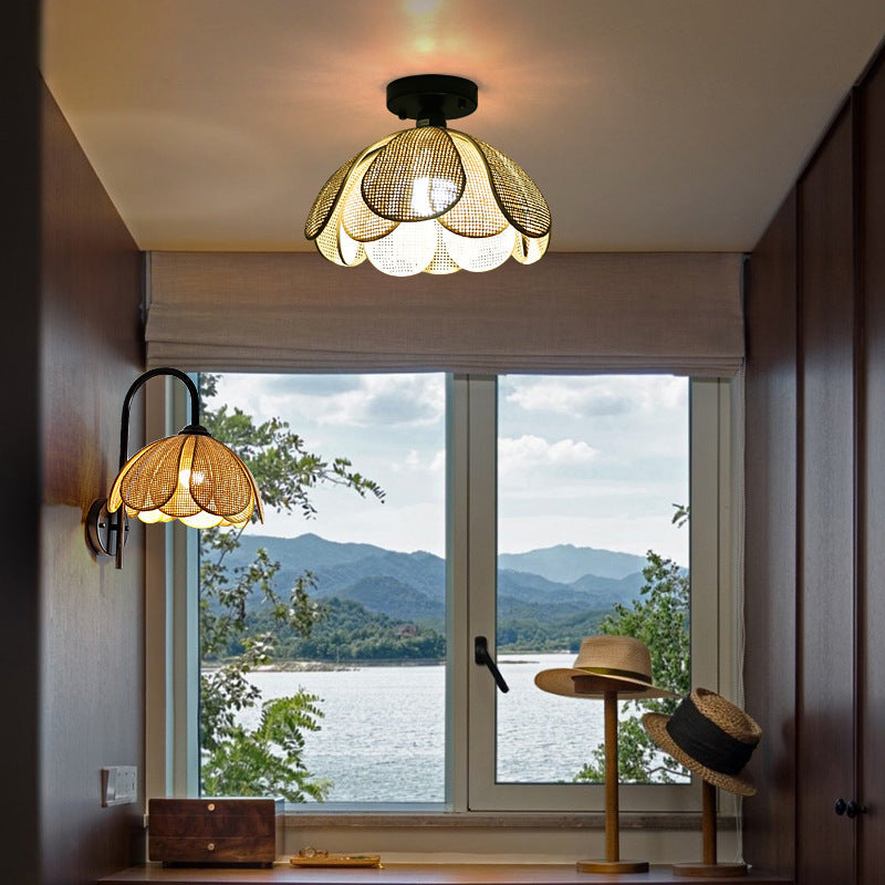 Traditional Japanese Round Petal Woven Shade Semi-Flush Mount Ceiling Light for Living Room