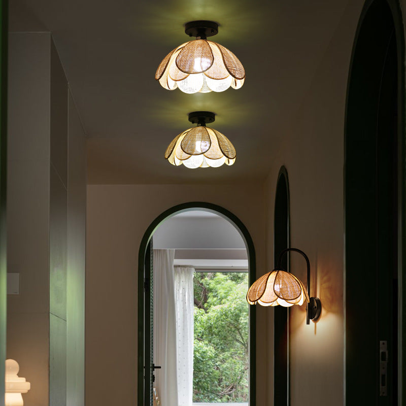 Traditional Japanese Round Petal Woven Shade Semi-Flush Mount Ceiling Light for Living Room