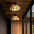 Traditional Japanese Round Petal Woven Shade Semi-Flush Mount Ceiling Light for Living Room