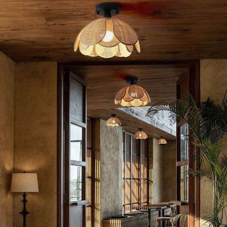 Traditional Japanese Round Petal Woven Shade Semi-Flush Mount Ceiling Light for Living Room