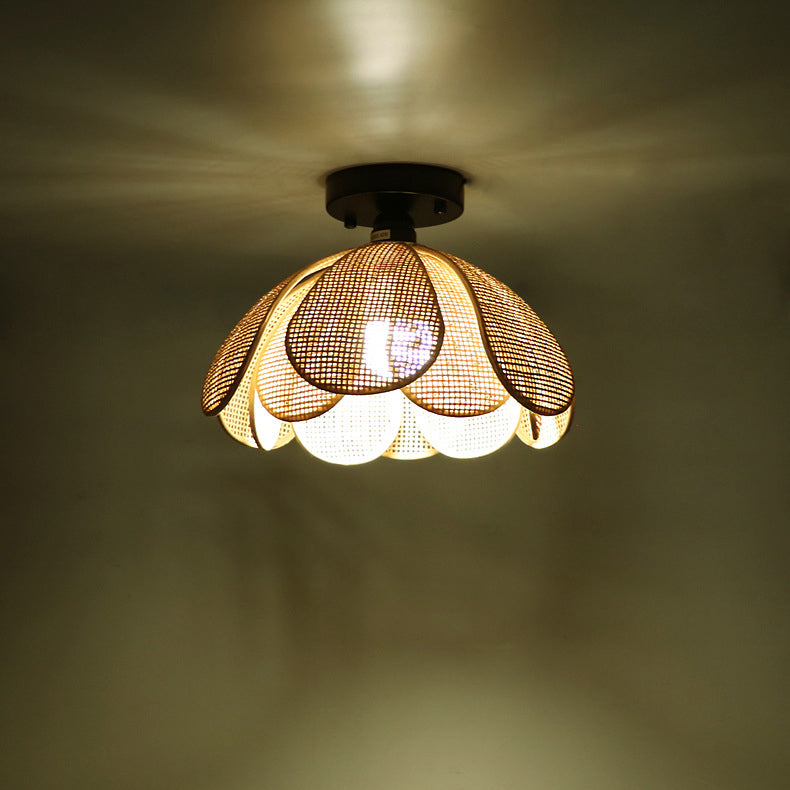 Traditional Japanese Round Petal Woven Shade Semi-Flush Mount Ceiling Light for Living Room