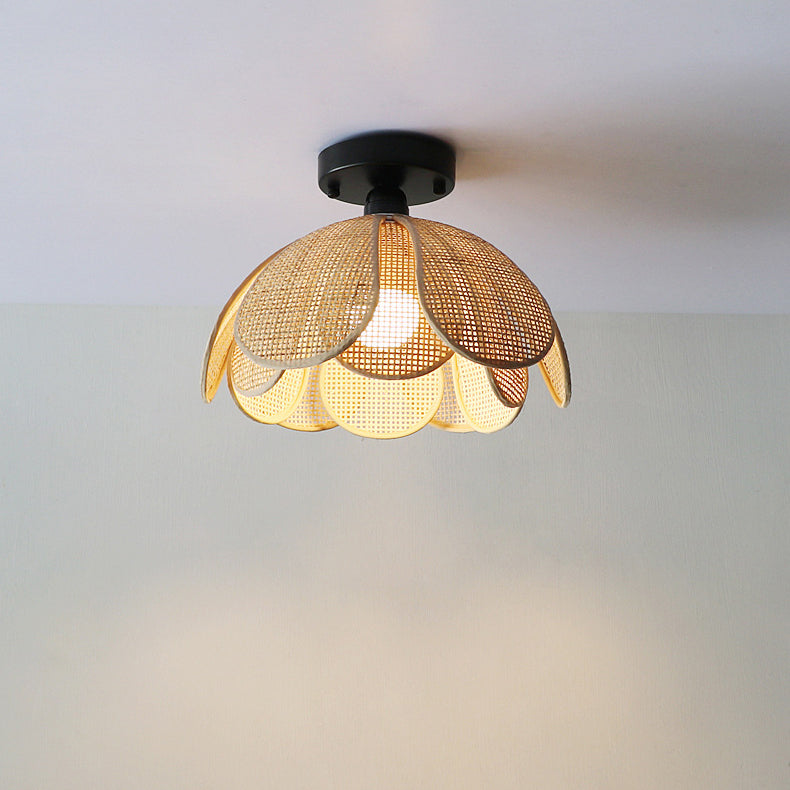 Traditional Japanese Round Petal Woven Shade Semi-Flush Mount Ceiling Light for Living Room