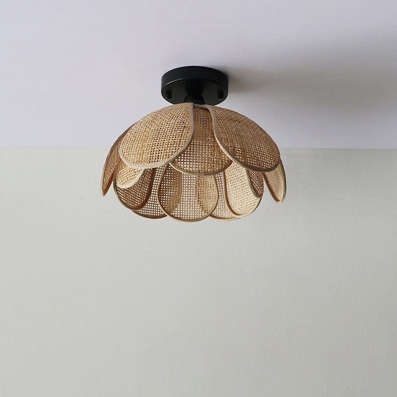 Traditional Japanese Round Petal Woven Shade Semi-Flush Mount Ceiling Light for Living Room