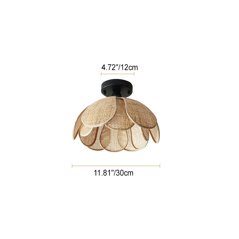 Traditional Japanese Round Petal Woven Shade Semi-Flush Mount Ceiling Light for Living Room