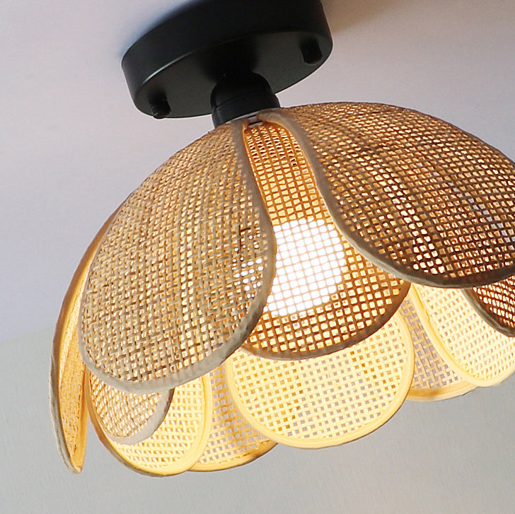 Traditional Japanese Round Petal Woven Shade Semi-Flush Mount Ceiling Light for Living Room