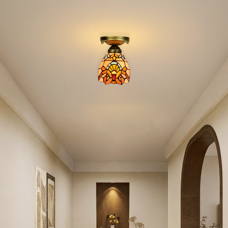 Tiffany Cone Flower Colored Glass Shade Semi-Flush Mount Ceiling Light for Living Room