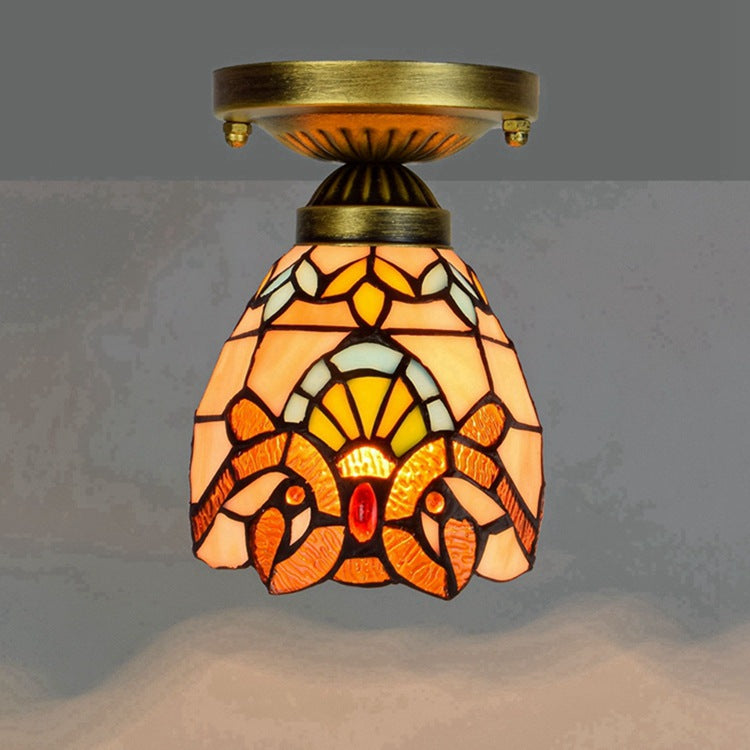 Tiffany Cone Flower Colored Glass Shade Semi-Flush Mount Ceiling Light for Living Room
