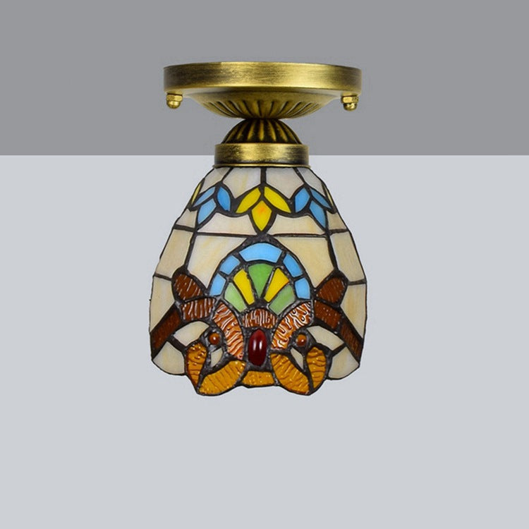 Tiffany Cone Flower Colored Glass Shade Semi-Flush Mount Ceiling Light for Living Room