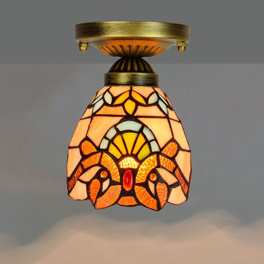 Tiffany Cone Flower Colored Glass Shade Semi-Flush Mount Ceiling Light for Living Room