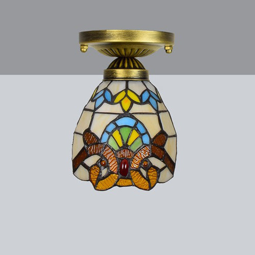Tiffany Cone Flower Colored Glass Shade Semi-Flush Mount Ceiling Light for Living Room