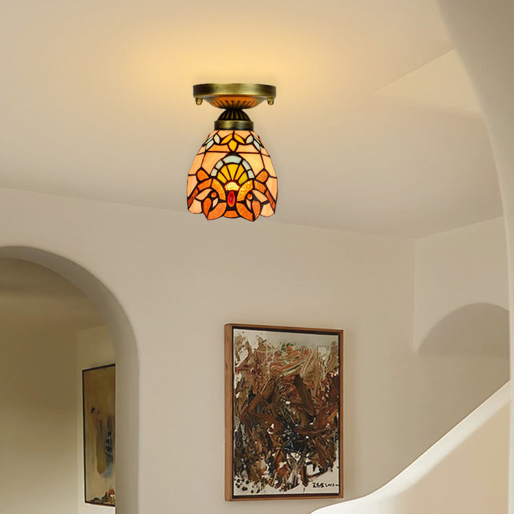 Tiffany Cone Flower Colored Glass Shade Semi-Flush Mount Ceiling Light for Living Room