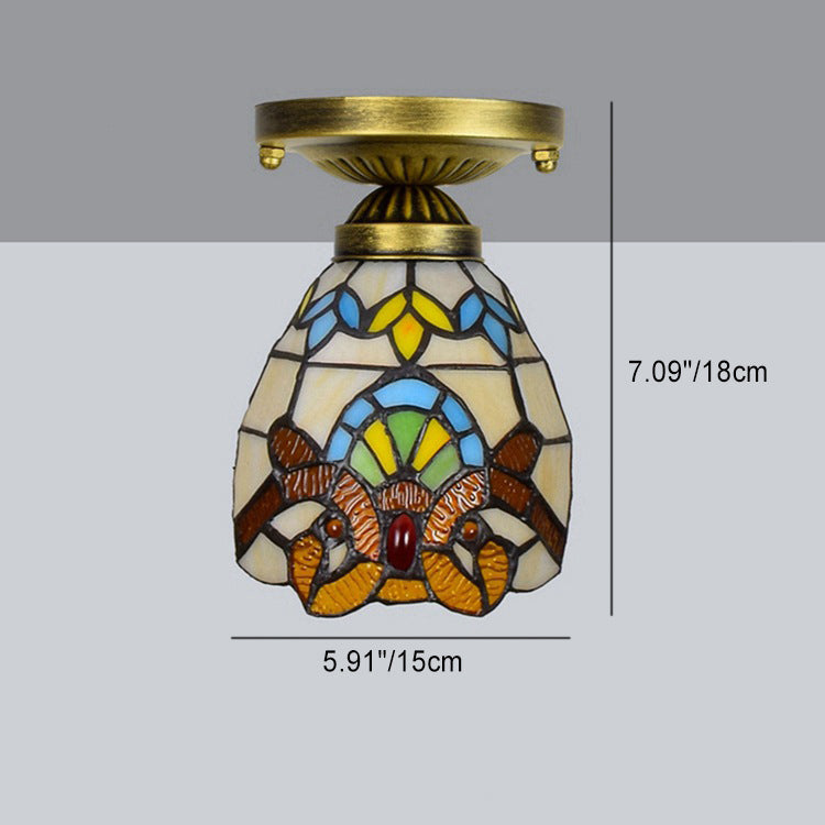 Tiffany Cone Flower Colored Glass Shade Semi-Flush Mount Ceiling Light for Living Room