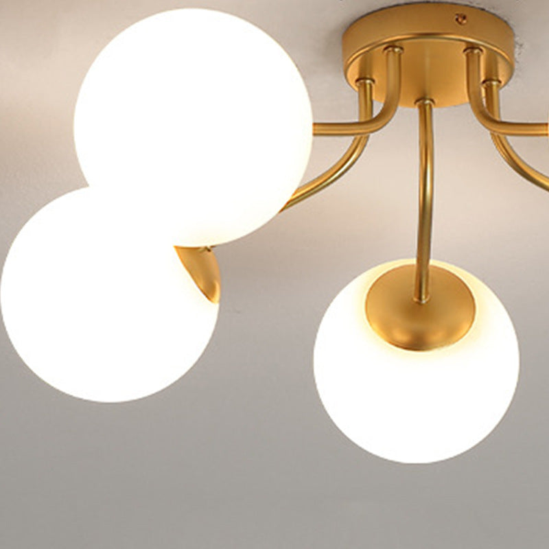 Modern Minimalist Curved Pole Globe Iron Glass Semi-Flush Mount Ceiling Light 3/5 Light for Living Room