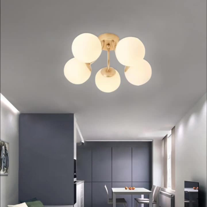 Modern Minimalist Curved Pole Globe Iron Glass Semi-Flush Mount Ceiling Light 3/5 Light for Living Room