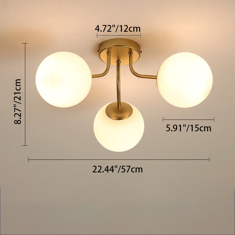 Modern Minimalist Curved Pole Globe Iron Glass Semi-Flush Mount Ceiling Light 3/5 Light for Living Room
