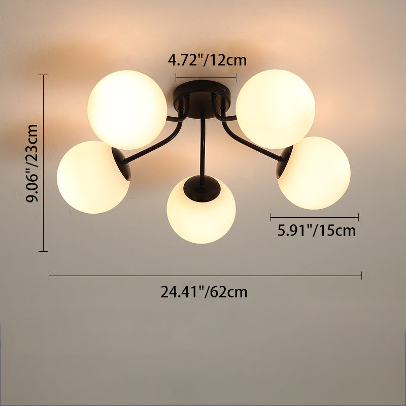 Modern Minimalist Curved Pole Globe Iron Glass Semi-Flush Mount Ceiling Light 3/5 Light for Living Room