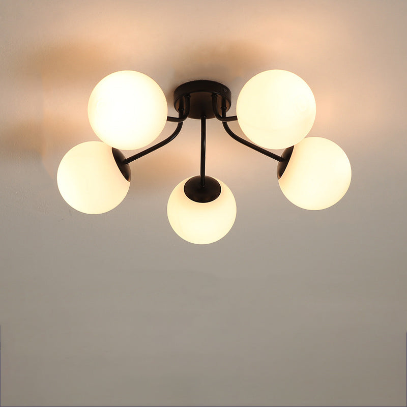 Modern Minimalist Curved Pole Globe Iron Glass Semi-Flush Mount Ceiling Light 3/5 Light for Living Room