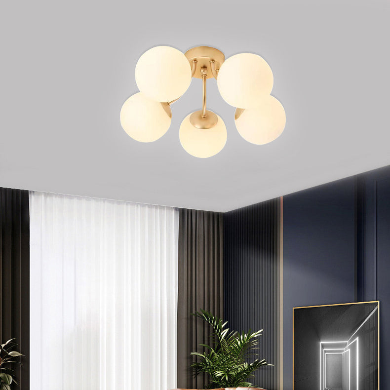 Modern Minimalist Curved Pole Globe Iron Glass Semi-Flush Mount Ceiling Light 3/5 Light for Living Room