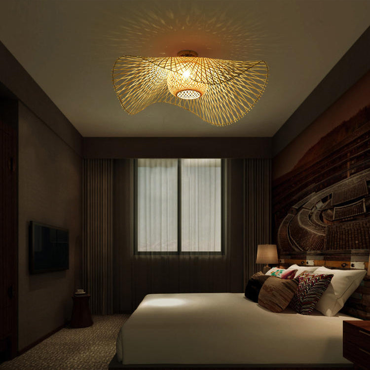 Traditional Chinese Bamboo Round Straw Hat Semi-Flush Mount Light for Living Room