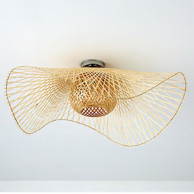 Traditional Chinese Bamboo Round Straw Hat Semi-Flush Mount Light for Living Room