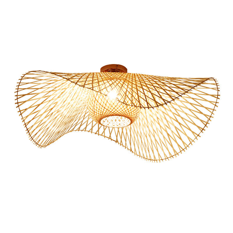 Traditional Chinese Bamboo Round Straw Hat Semi-Flush Mount Light for Living Room