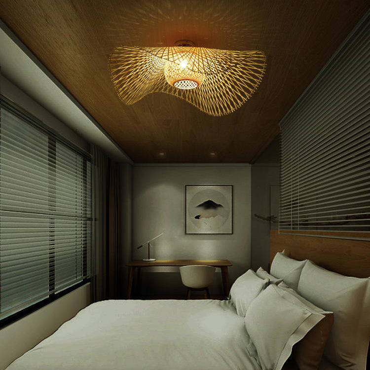 Traditional Chinese Bamboo Round Straw Hat Semi-Flush Mount Light for Living Room