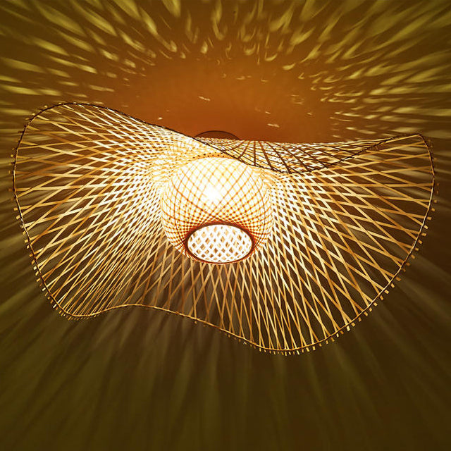Traditional Chinese Bamboo Round Straw Hat Semi-Flush Mount Light for Living Room