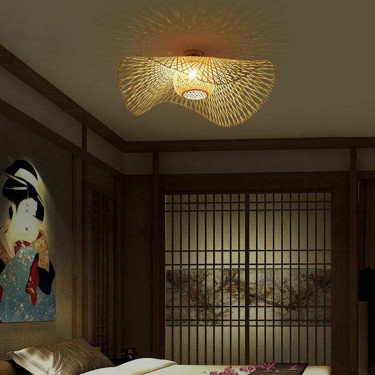 Traditional Chinese Bamboo Round Straw Hat Semi-Flush Mount Light for Living Room