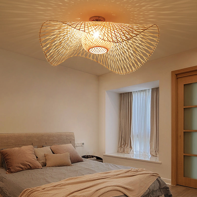 Traditional Chinese Bamboo Round Straw Hat Semi-Flush Mount Light for Living Room