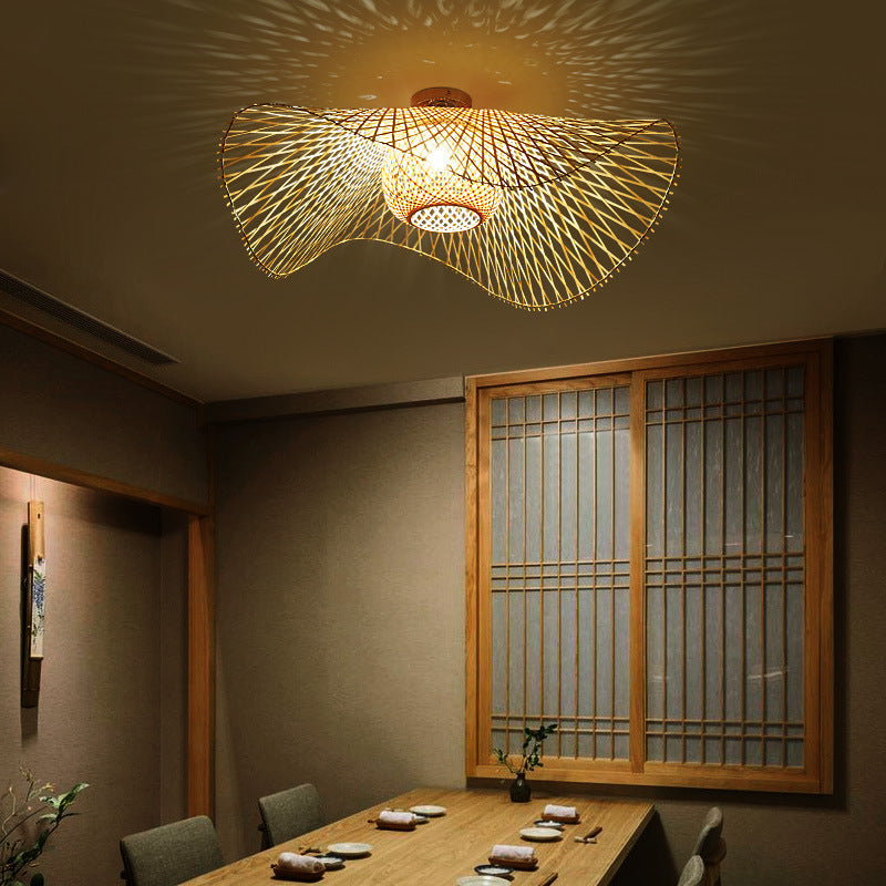 Traditional Chinese Bamboo Round Straw Hat Semi-Flush Mount Light for Living Room