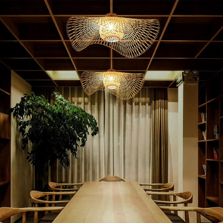 Traditional Chinese Bamboo Round Straw Hat Semi-Flush Mount Light for Living Room