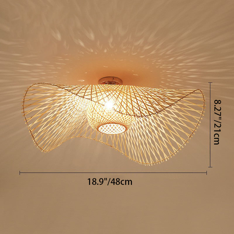 Traditional Chinese Bamboo Round Straw Hat Semi-Flush Mount Light for Living Room