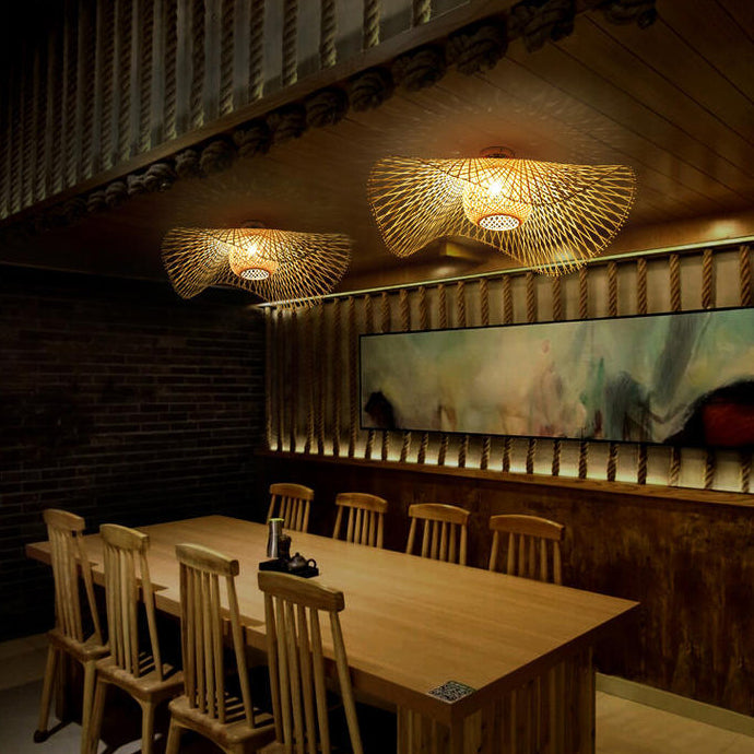 Traditional Chinese Bamboo Round Straw Hat Semi-Flush Mount Light for Living Room