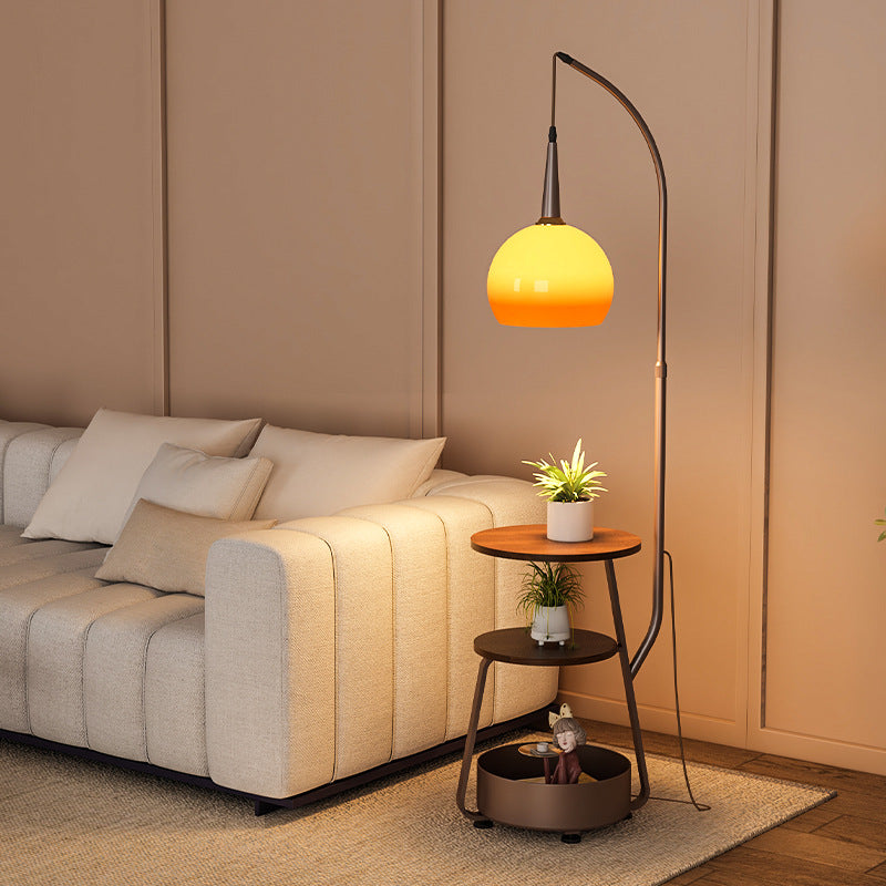 Contemporary Fishing Rod Floor Lamp - Retro Wooden Coffee Table Design, Iron Frame & Glass Shade for Living Room Lighting
