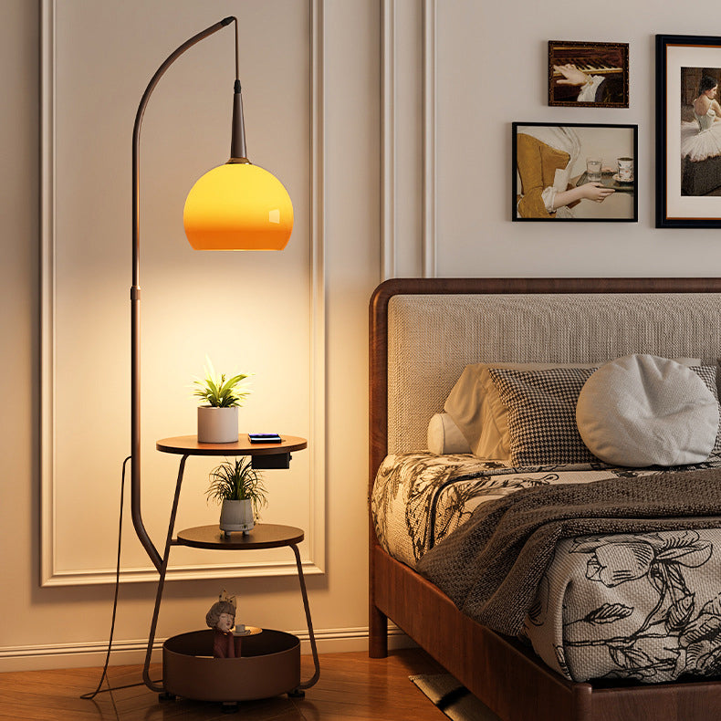Contemporary Fishing Rod Floor Lamp - Retro Wooden Coffee Table Design, Iron Frame & Glass Shade for Living Room Lighting