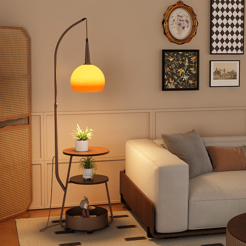Contemporary Fishing Rod Floor Lamp - Retro Wooden Coffee Table Design, Iron Frame & Glass Shade for Living Room Lighting